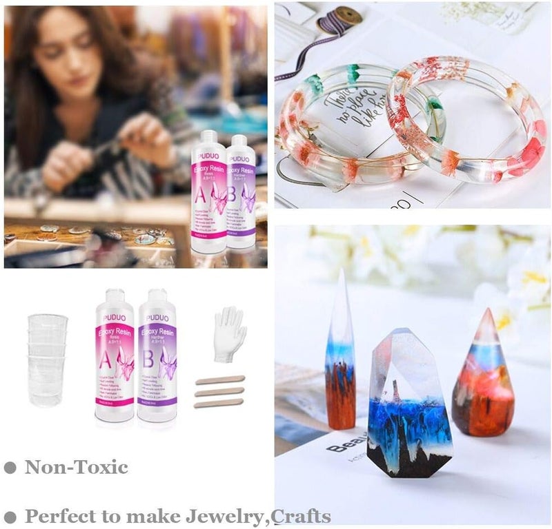 Puduo Epoxy Resin Crystal Clear Kit for Art, Jewelry, Crafts, Coating- 16 OZ Including 8OZ Resin and 8OZ Hardener | Bonus 4 pcs Measuring Cups, 3pcs Sticks, 1 Pair Rubber Gloves by - Image 5